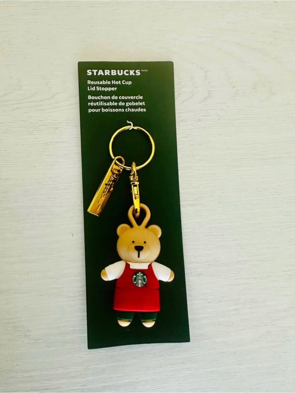 Starbucks Red and Green Bear Keychain with Gold Hardware
